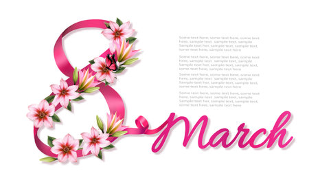 8th March illustration. International Women Day celebration background. Holiday colorful flowers background with pink beautiful flowers and pink ribbons. Vector.のイラスト素材