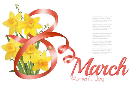 8th March illustration with pink and white roses flowers and pink ribbons. International Women's Day. Vector.のイラスト素材