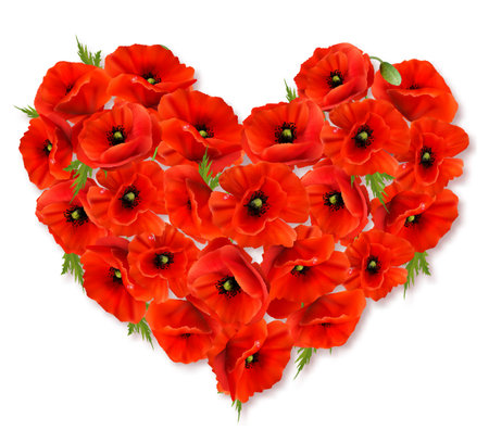 Nature greeting card with red poppies gathered in the shape of a heart. Vector.のイラスト素材