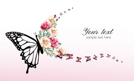 Beautiful natural abstract background. Butterfly with wings made of colorful flowers. Vector.のイラスト素材
