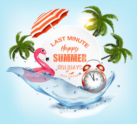 Vacation Last Minute. Summer vacation background. with Travel items, flamingo and palm trees on the water splash. Vector.のイラスト素材