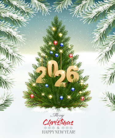 Holiday Christmas background with a Christmas tree with garland and a gold 2026. Vector.のイラスト素材