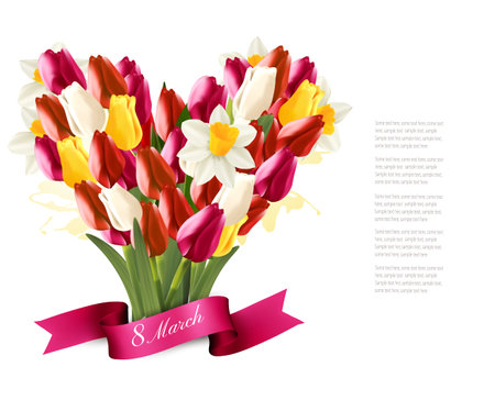 8th March illustration with bouquet of yellow narcissus and colorful flowers in shape heart and ribbon. International Women's Day. Vector.のイラスト素材