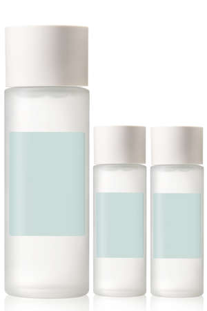 Plastic cosmetic bottles, big and small, isolated on white background.の写真素材