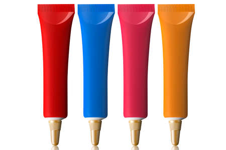 Cosmetic plastic tube for gel, care cream or essence. Set of blank template of realistic containers for cosmetic products in red, blue, pink, and orange colors. Isolated on white.の写真素材