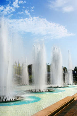 Beautiful cascade of fountains in city of Nice, France. Sunny, summer day on luxury resort of French riviera.の写真素材