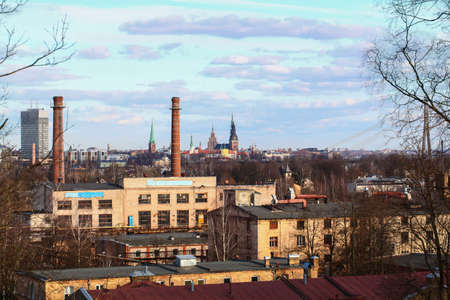 Interesting view of Old Riga in Latvia from highest point in capital mountain Dzeguzkalnsの写真素材