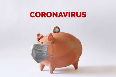 Pig coin with Coronavirus mask and Brazilian money and coins isolated.の写真素材