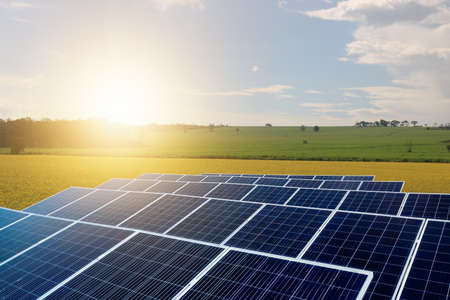 Sunset over Solar energy Farm plant.の写真素材