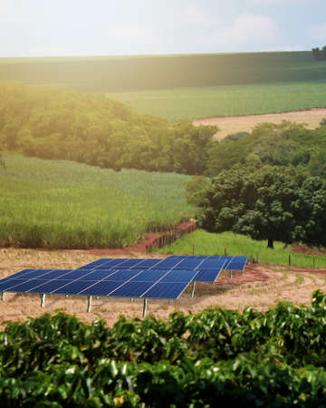 Sunset over Solar energy Farm plant.の写真素材