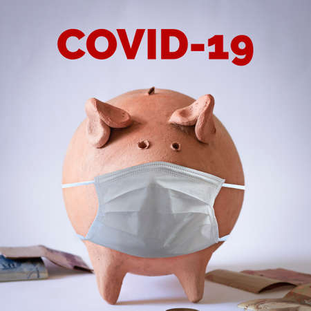 Pig coin with Coronavirus mask and Brazilian money and coins isolated.の写真素材
