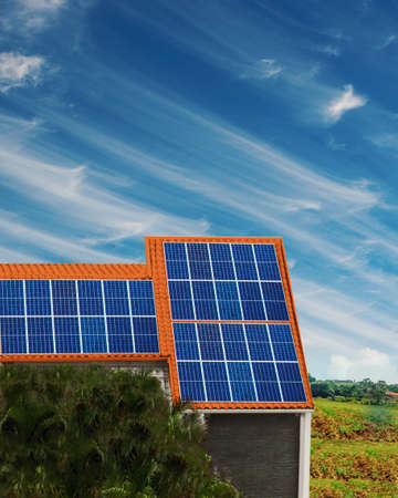 Photovoltaic Solar Panel in a house roofの写真素材