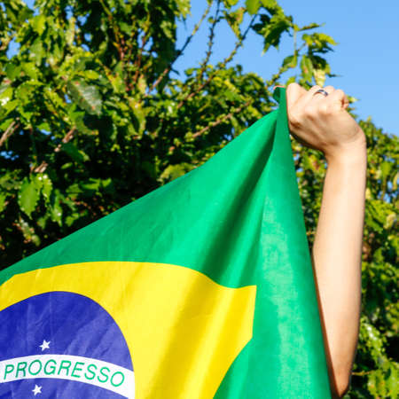 Brazilian flag concept image. Holding the Brazilian flag in the wind.の写真素材