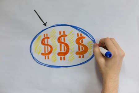 Words Money and flow written in Brazilian Portuguese. Cash flow on white board.
