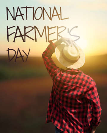 Farmer at sunset outdoor. National Farmer's Day Text. Space for text.の写真素材