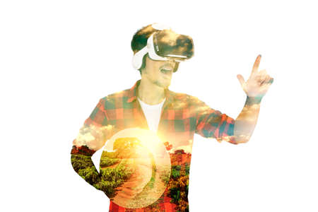 Farmer concept image. Double exposure of farmer and sundown on the plantation landscape. Agriculture...