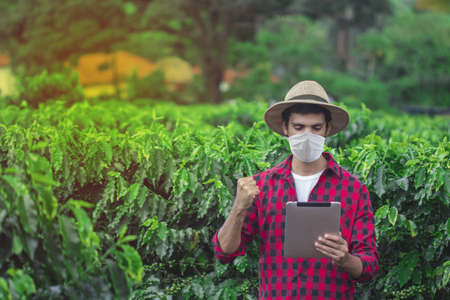 Farmer with pandemic mask and tablet on the plantation field farm.の写真素材