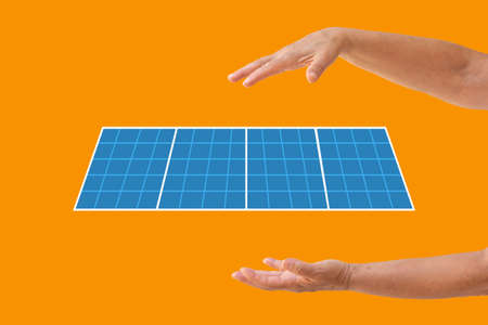 Green energy concept. Solar energy equipment on a hand. Closeup with space for text. Banner design.