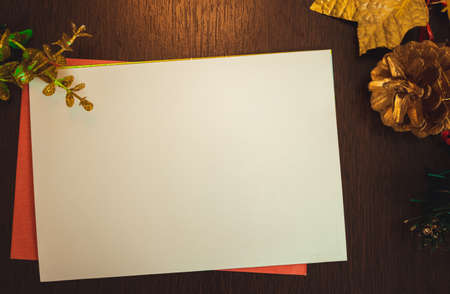 Christmas blank card with blurred background with Santa Claus, gifts and Christmas ornaments. Space for text.の写真素材