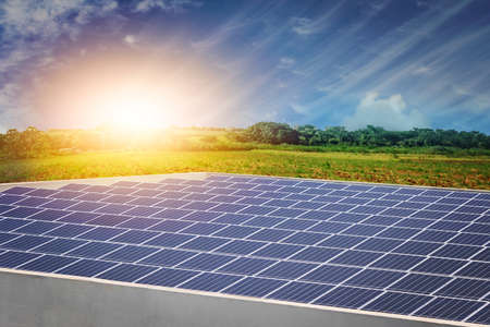 Beautiful Sunset Over Solar Panel Photovoltaic Company Building Farm