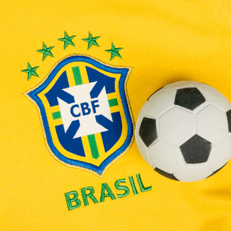 SÃO PAULO, BRAZIL - JUNE 23, 2018: The national symbol or logo of the Brazilian soccer team called "CBF" and soccer ball. Football Editorial Image concept.のeditorial素材