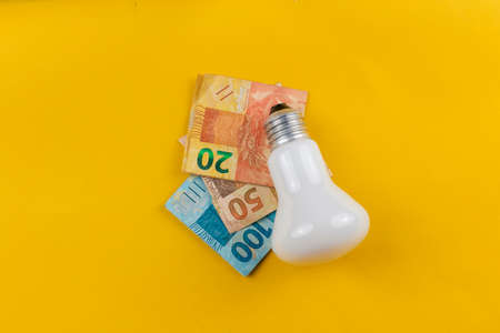 Banknotes, coins, plug wire and light bulbs isolated on yellow background.