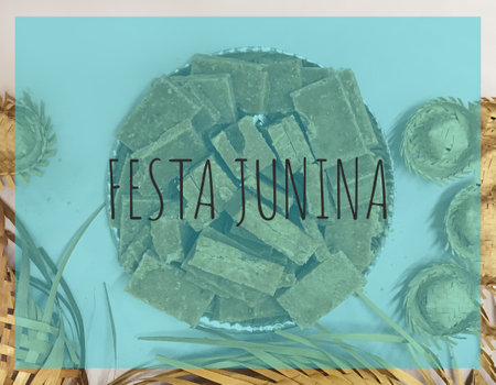 Design of card invitation party with written text "junina party" in portuguese.の写真素材