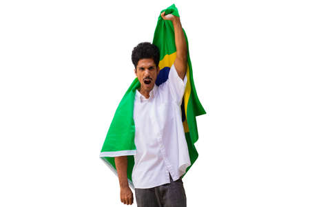 Black man holds Brazilian flag isolated.の写真素材