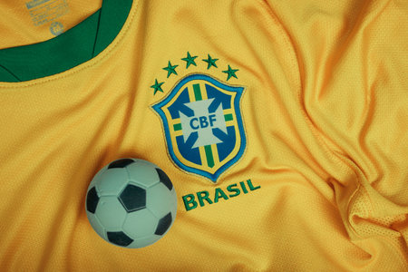 SÃO PAULO, BRAZIL - JUNE 23, 2018: The national symbol or of the Brazilian soccer team called "CBF" and soccer ball. Football Editorial Image.のeditorial素材