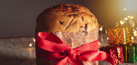 Fruit and Chocolate Chips Cake Served on a Wood Table decorated for Christmas. Homemade Christmas...