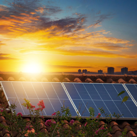 Solar Panels on the Roof in a Sunny and Cloudy Day. Photovoltaic Installation Plant in a House With...