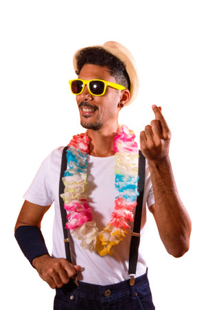 Carnival Outfit Party. Portrait of Black Man With Carnival Props Isolated on Orange Background,...