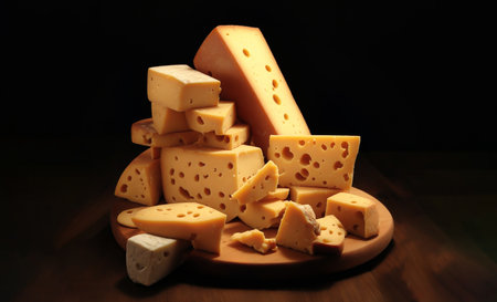 Pieces of assorted types of cheese on a wooden table.の素材