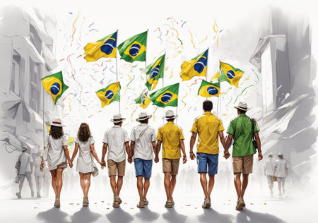 People holding hands at Party Celebrating Brazil Independence Day. Flags and fireworks at backgroundの素材