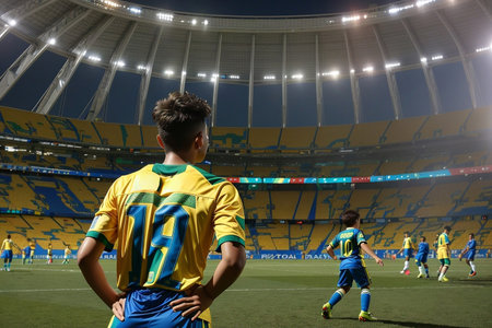Soccer player brazil celebrating goal in crowded stadium by winning tournamentの素材