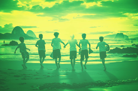 Kids Celebrating Brazil Independence Day at sunset, city background.の素材