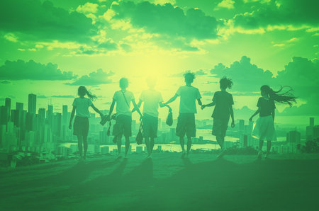 Kids Celebrating Brazil Independence Day at beach, sunset background.の素材