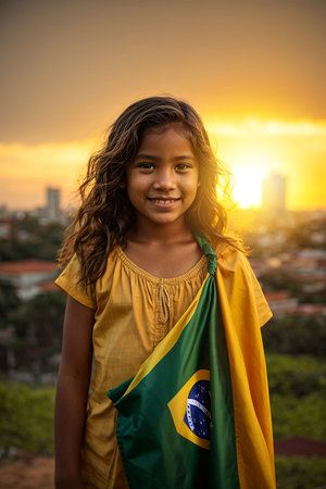 Kid Celebrating Brazil Independence Day Next in Country Flag, Cinematic Sunset City Backgroundの素材