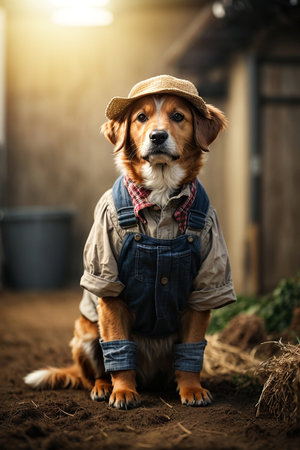 Dog dressed as a farmer in the barnの素材
