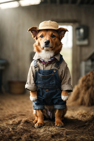 Dog dressed as a farmer in the barnの素材