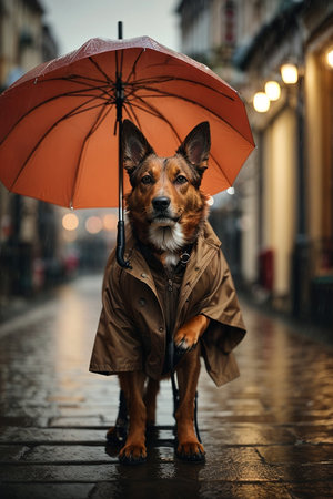 Animal in the rain with galoshes and sweater, wet pink backgroundの素材