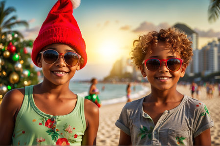 Christmas - Smiling Children Wearing Sunglasses on the Beach, Christmas tree and gifts in the backgroundの素材