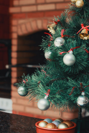 Christmas Holiday at Tropical Summer, Christmas tree with Barbecue and Wine on Backgroundの写真素材