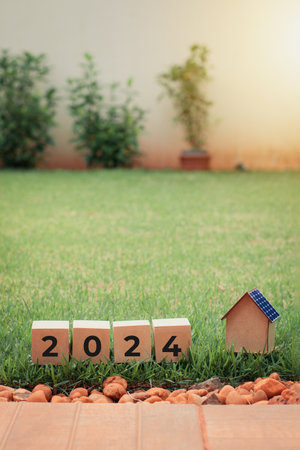 2024 New Year Blocks and Solar Panel House at Day Gardenの写真素材