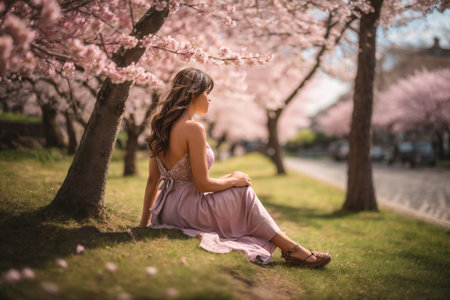 Cherry Blossom - A Gorgeous Woman Sitting Under a Cherry Blossom Tree in Springの素材
