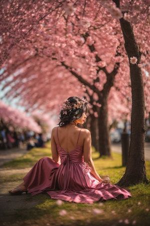 Cherry Blossom - A Gorgeous Woman Sitting Under a Cherry Blossom Tree in Springの素材