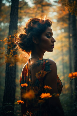 Womens Day - Silhouette of a Woman Filled With a floral Double Exposureの素材