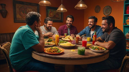 Mexican Food, Group at Table Eating Traditional Mealの素材
