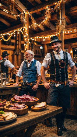 Oktoberfest Festival With Charcuterie and Germanic people with beer steinsの素材