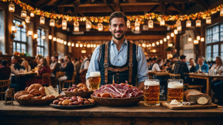 Oktoberfest Festival With Charcuterie and Germanic people with beer steinsの素材